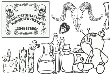 A selection of digitally hand drawn images looking at magic potions and witch craft clipart