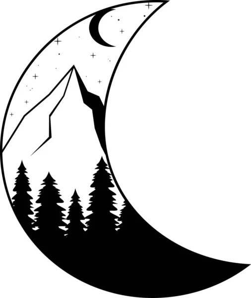 Місяць і гори, ліс. Нічний ландшафтний силует — стоковий вектор