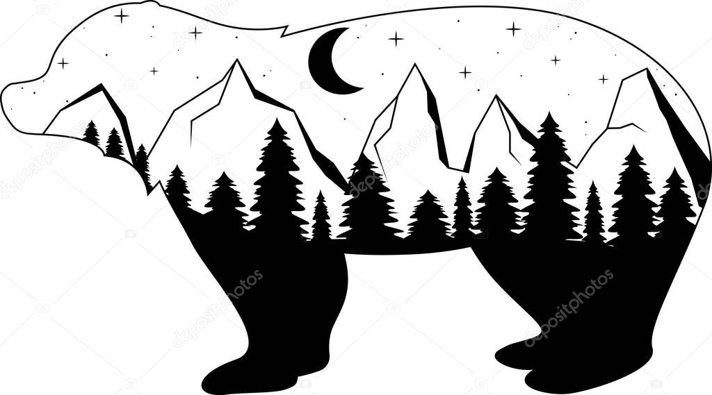 Moon and mountains, forest. Night landscape silhouette bear