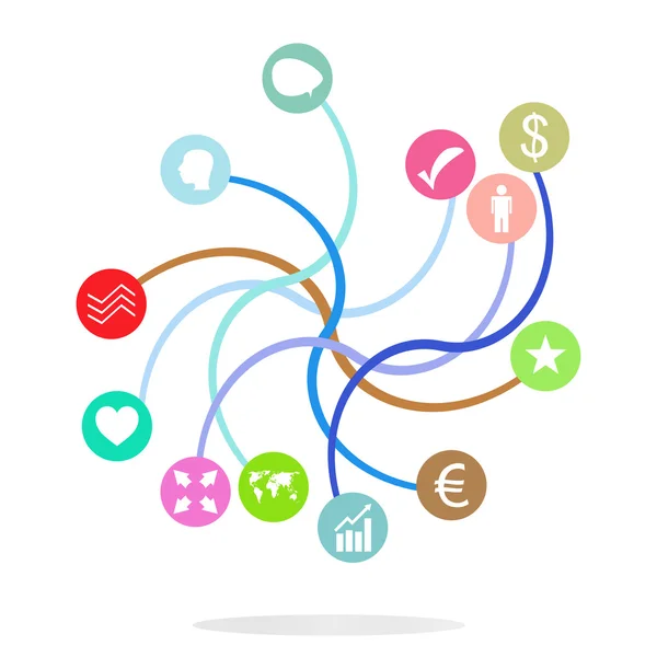 Sociální mediální sítě. Připojené symboly pro interaktivní, trh, digitální, komunikovat, připojte, globální koncepce. Pozadí s kruhy, čáry a integrovat ploché ikony — Stock fotografie