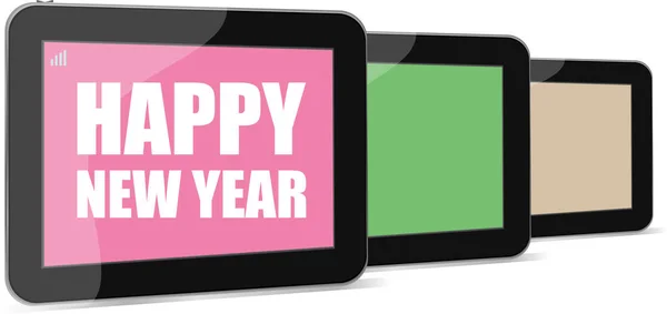 Mutlu yeni yıl kelime ile tablet pc simgesi — Stok fotoğraf