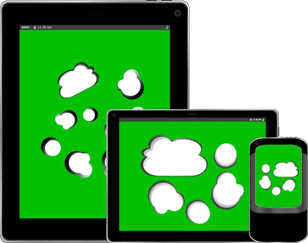 Teléfono inteligente móvil en blanco y tableta digital PC con nube en la pantalla — Foto de Stock