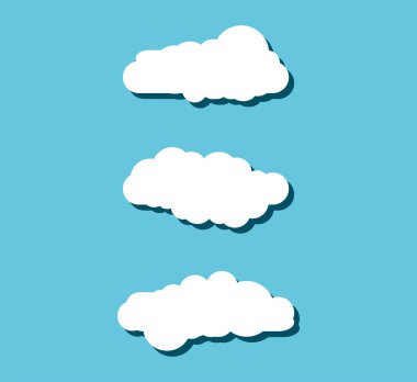 Collection of stylized fluffy cloud silhouettes. Isolated on blue background clipart