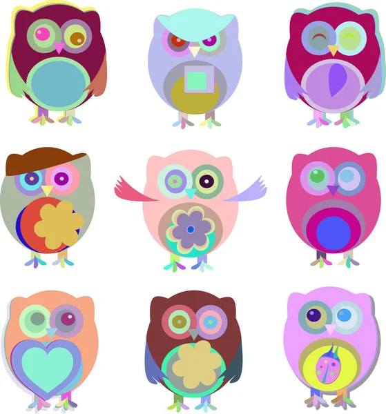 Set of cartoon owls with various emotions