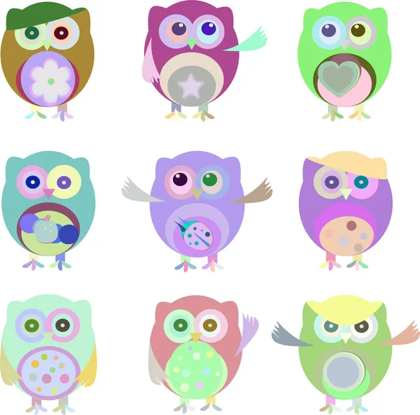 Set of nine cartoon owls with various emotions — Stock Photo, Image