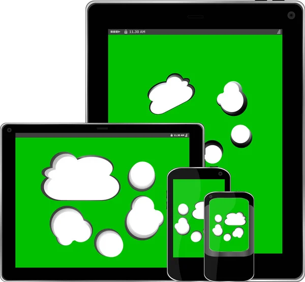 Teléfono inteligente móvil y tableta digital PC con nube en la pantalla —  Fotos de Stock