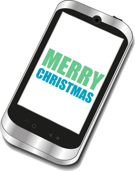 Teléfono inteligente con Feliz Navidad saludos en la pantalla, tarjeta de vacaciones — Foto de Stock