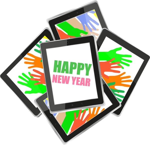 Inteligentny telefon z życzenia szczęśliwego nowego roku na ekranie, Kartka świąteczna — Zdjęcie stockowe