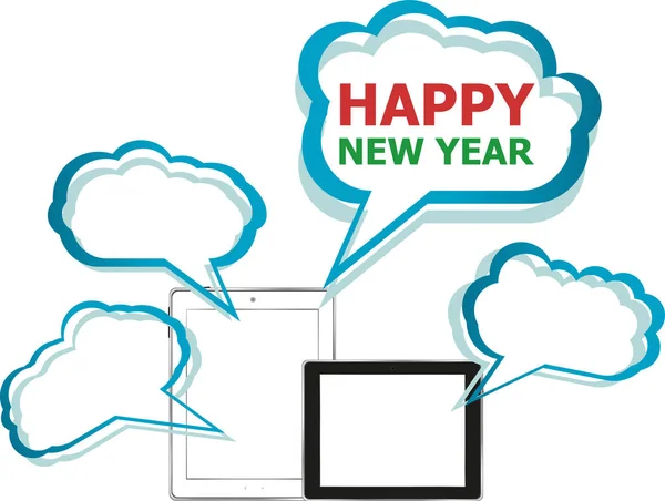 Pictogram van Tablet-pc met gelukkig Nieuwjaar woorden — Stockfoto