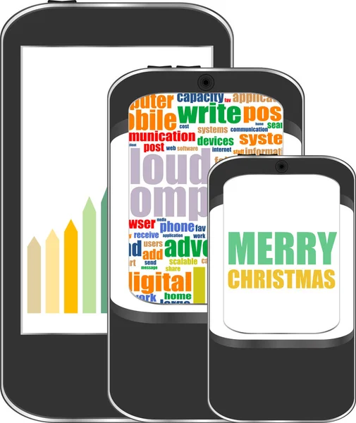 Smart telefon med god jul hälsningar på skärmen, julkort — Stockfoto