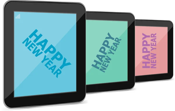 Tablet pc ikona słowami szczęśliwego nowego roku — Zdjęcie stockowe