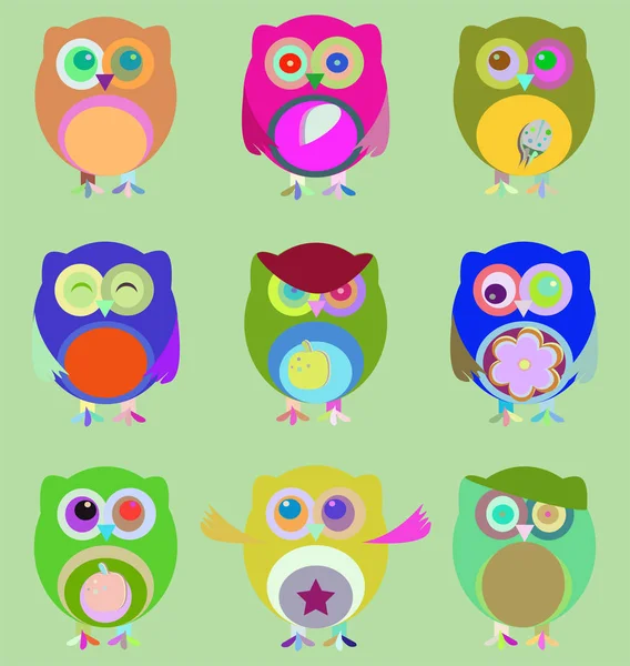 Set of nine cartoon owls with various emotions — Stock Photo, Image