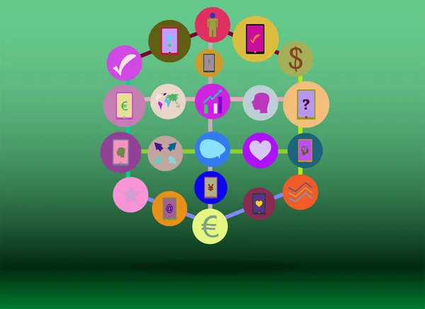 Rede de redes sociais. Símbolos conectados para interativo, mercado, digital, comunicar, conectar, conceitos globais. Fundo com círculos, linhas e integrar ícones planos . — Fotografia de Stock