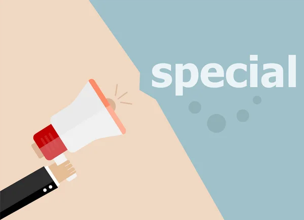 Special. Hand holding megaphone and speech bubble. Flat design — Stock Photo, Image