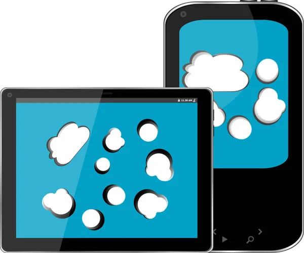 Пустой мобильный смартфон и цифровой планшет с облаком на экране — стоковое фото