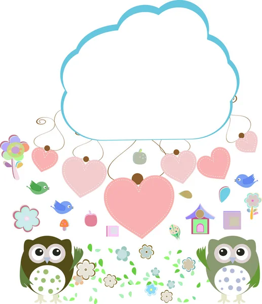 Uilen, vogels, bloemen, wolk en liefde hart, — Stockfoto