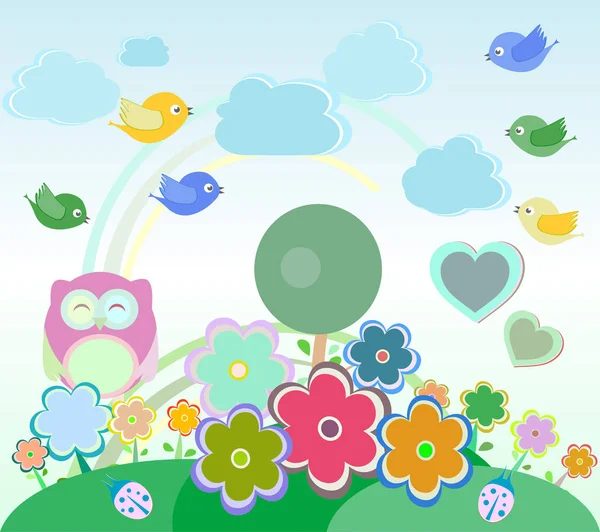 Hintergrund mit Eule, Vögeln, Blumen, Wolken und Bäumen — Stockfoto