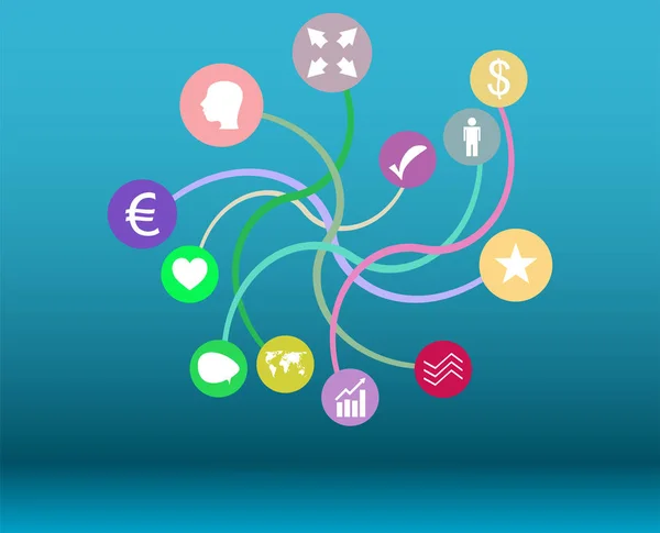 Sociální mediální sítě. Připojené symboly pro interaktivní, trh, digitální, komunikovat, připojte, globální koncepce. Pozadí s kruhy, čáry a integrovat ploché ikony — Stock fotografie