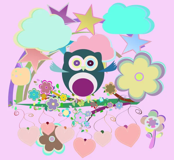 ?artoon set owls, birds, flowers, sky, cloud — Stock Photo, Image