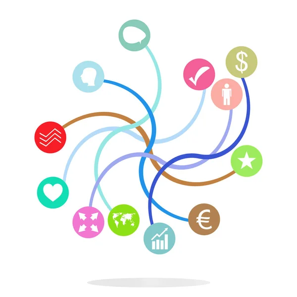 Social media network. Connected symbols for interactive, market, digital, communicate, connect, global concepts. Background with circles, lines and integrate flat icons — Stock Photo, Image