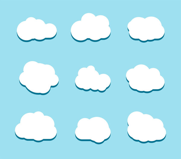 Set of white sky, clouds. Cloud icon, cloud shape. Set of different clouds. Collection of cloud icon, shape, label, symbol. Graphic element. design element for logo, web and print