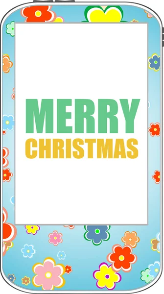 Szúró telefon, vidám karácsony köszöntjük a képernyőn, üdvözlőlap-ünnep — Stock Fotó