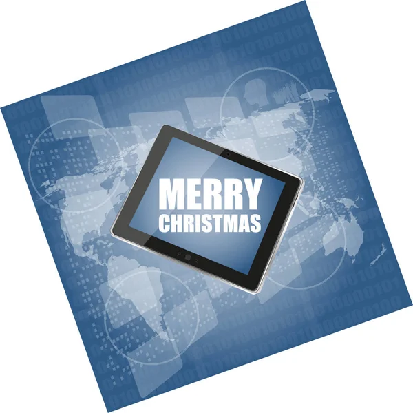 PC de la tableta del teléfono móvil con el diseño de Feliz Navidad en la pantalla digital del negocio — Foto de Stock