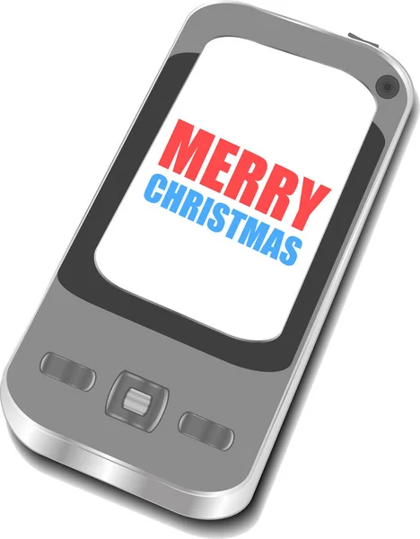 Teléfono inteligente con Feliz Navidad saludos en la pantalla, tarjeta de vacaciones —  Fotos de Stock