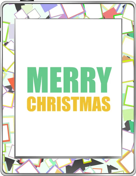 Szúró telefon, vidám karácsony köszöntjük a képernyőn, üdvözlőlap-ünnep — Stock Fotó
