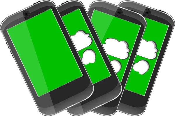 Conjunto de teléfonos inteligentes con símbolo de computación en nube en una pantalla — Foto de Stock