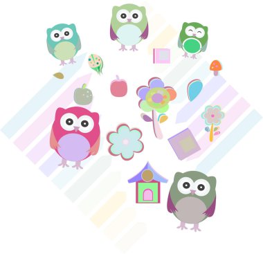 renkli baykuş ile farklı ifadeler kümesi,