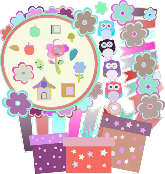 Hintergrund mit Eule, Blumen, Vögeln und Geschenkschachteln, — Stockfoto