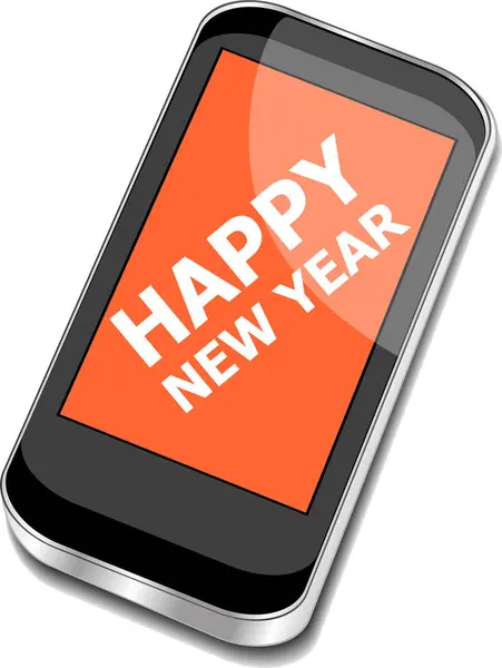 智能手机与快乐的新年问候在屏幕上，节日贺卡 — 图库照片
