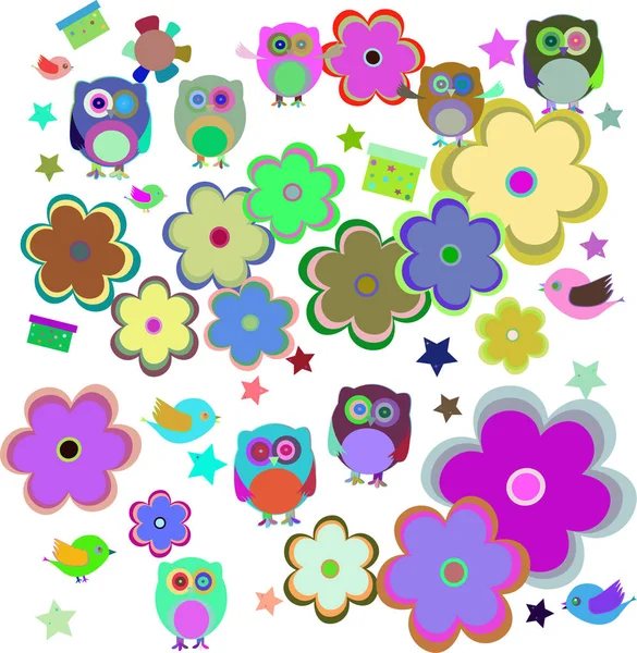 Retro flowers and owl kids background pattern, — Stock Photo, Image