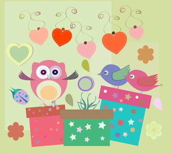 Elementos de festa de aniversário com corujas bonitos, pássaros, corações e flores — Fotografia de Stock