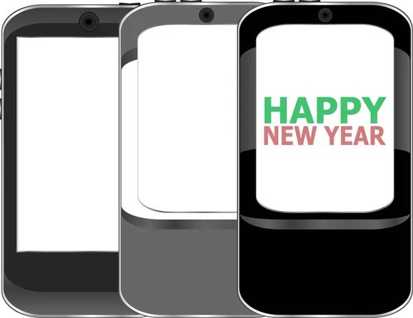 Teléfono inteligente con saludos de feliz año nuevo en la pantalla, tarjeta de vacaciones —  Fotos de Stock