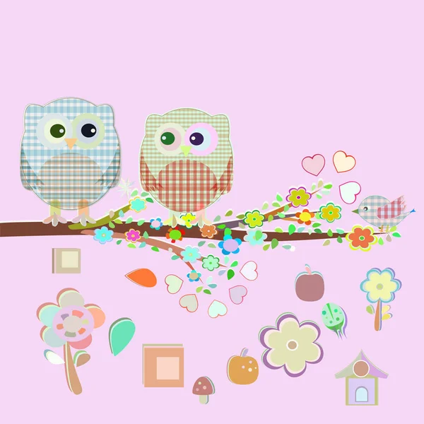 Valentine boy and girl owls sat on a tree branch — Stock Photo, Image