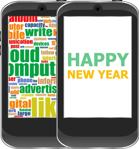 Szúró telefon, boldog új évet köszöntések a képernyőn, üdvözlőlap-ünnep — Stock Fotó