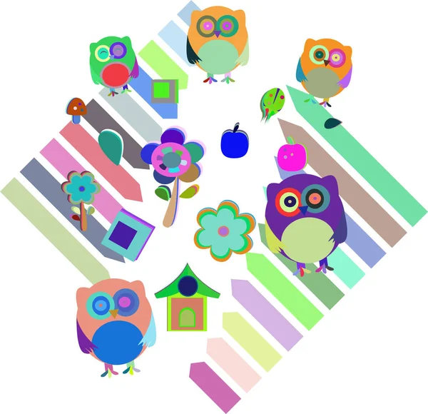 Conjunto de corujas coloridas com expressões diferentes , — Fotografia de Stock
