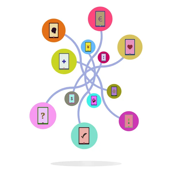 Technology network. Connected symbols for digital, connect, communicate, social media and global concepts. Background with lines, circles, integrate flat icons — Stock Photo, Image