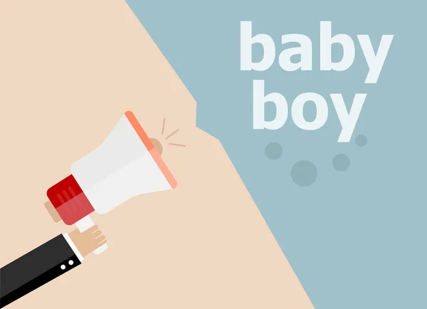 Επίπεδη σχεδίαση επιχειρηματική ιδέα εικονογράφηση. Μωρό αγόρι ψηφιακό μάρκετινγκ επιχείρηση άνθρωπος κρατώντας μεγάφωνο για την ιστοσελίδα και προώθηση πανό. — Φωτογραφία Αρχείου