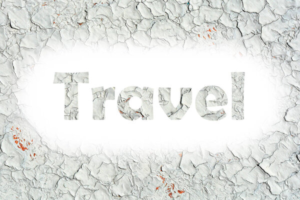 Travel words print on the old wooden plate