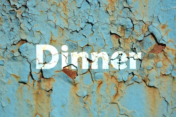 Dinner word print on the green rusty metal painted background, grunge texture. — Stock Photo, Image