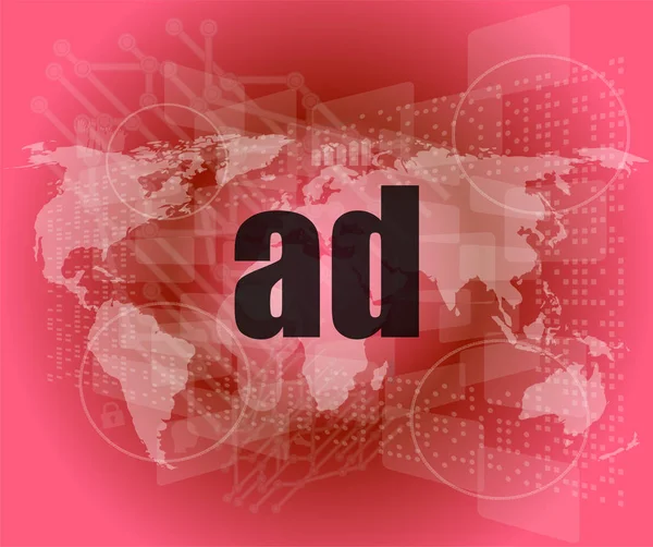 Palabra del anuncio en pantalla digital, concepto global de la comunicación — Foto de Stock