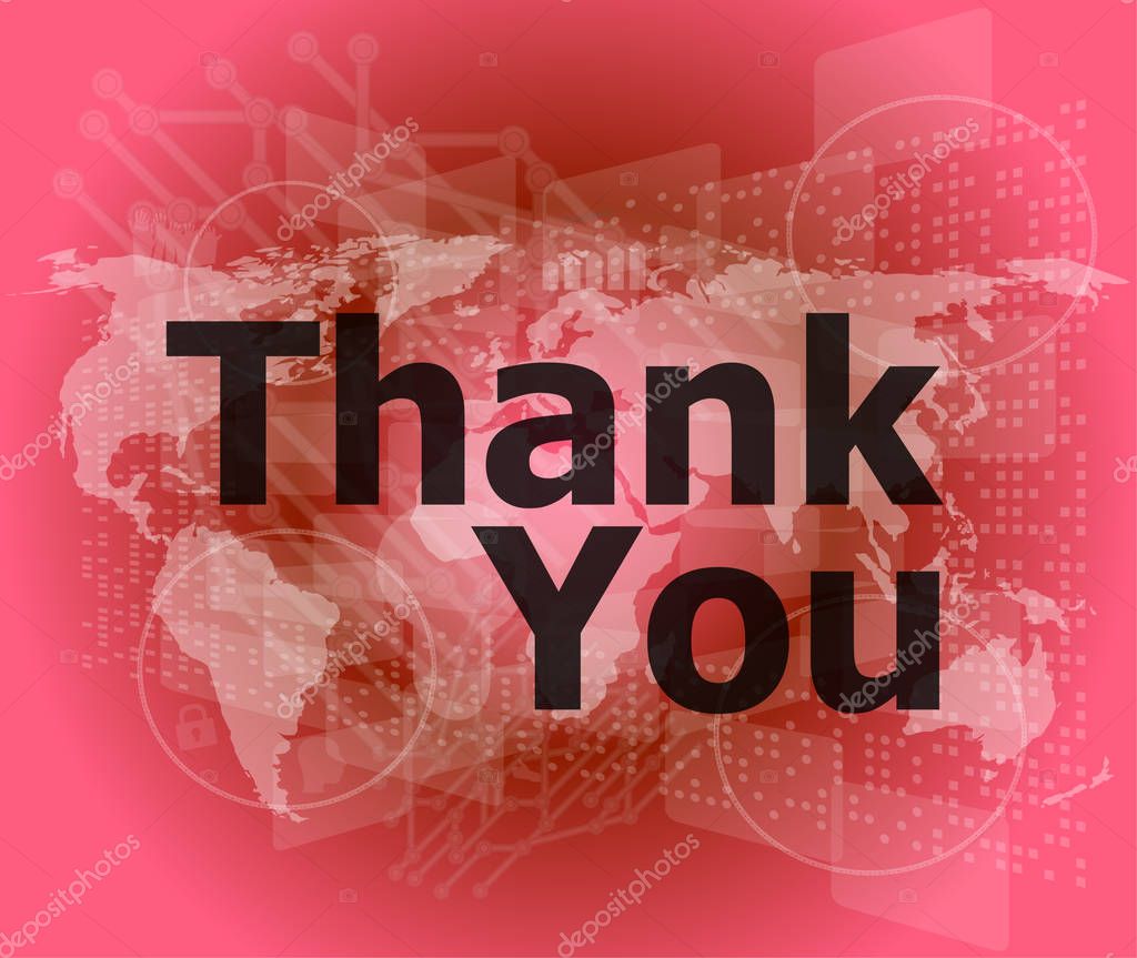 la palabra gracias en la pantalla digital, concepto social — Foto de