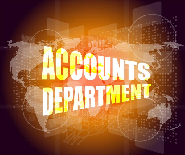 Accounts departments words on digital screen background with world map — Stock Photo, Image