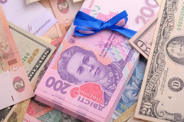 Yirmi dolar banknot ve Ukrayna hryvnas yığını