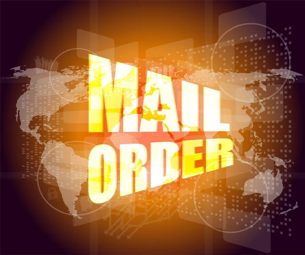 Mail order words on digital screen background with world map — Stock Photo, Image