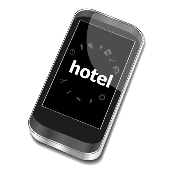 Hotel de texto. Concepto de negocio. Smartphone con icono web empresarial configurado en pantalla —  Fotos de Stock