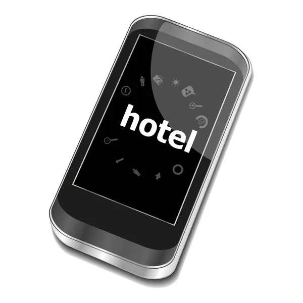 Hotel SMS. Concetto aziendale. Smartphone con icona web aziendale impostata sullo schermo — Foto Stock